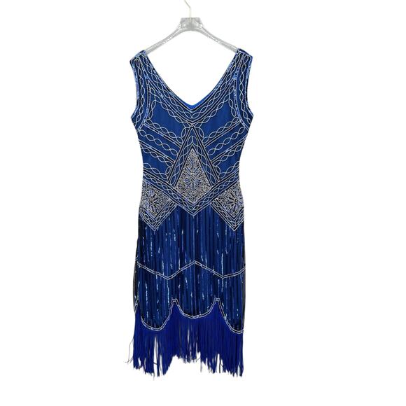 Babeyond NWT Royal Blue Sequin Beaded Fringe Flapper Style Midi Dress - Picture 7 of 12
